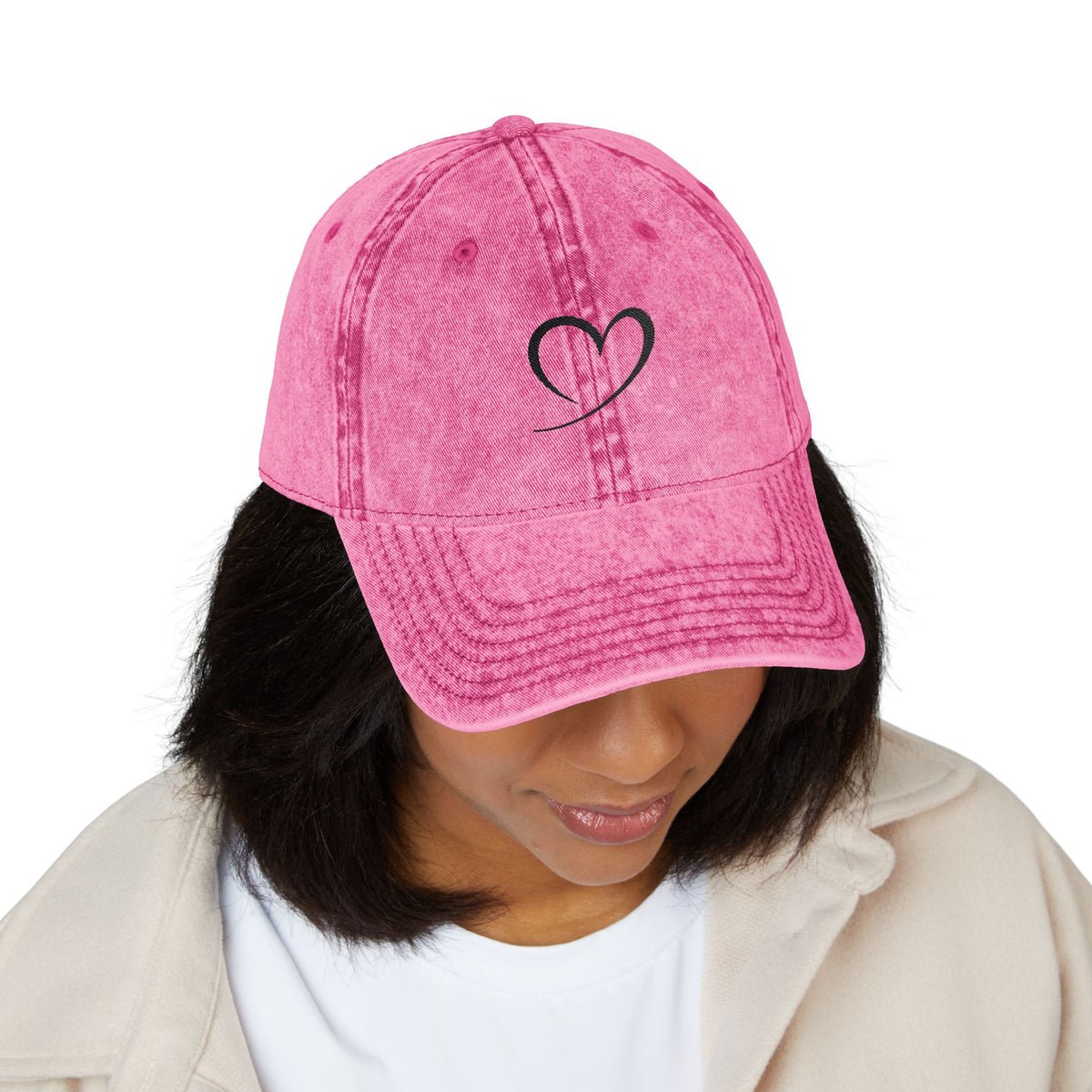 Embroidered Heart Vintage Cap — Washed Red Dad Hat with Simple Heart Sketch