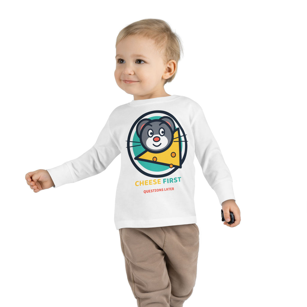 Toddler Long Sleeve Tee — "Cheese First, Questions Later" Cute Mouse & Cheese Graphic