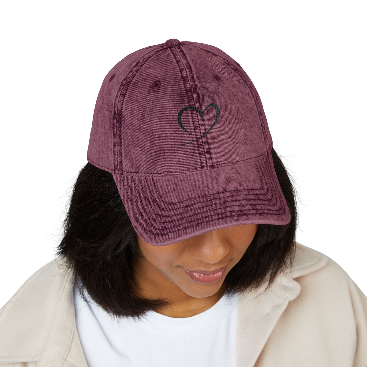 Embroidered Heart Vintage Cap — Washed Red Dad Hat with Simple Heart Sketch