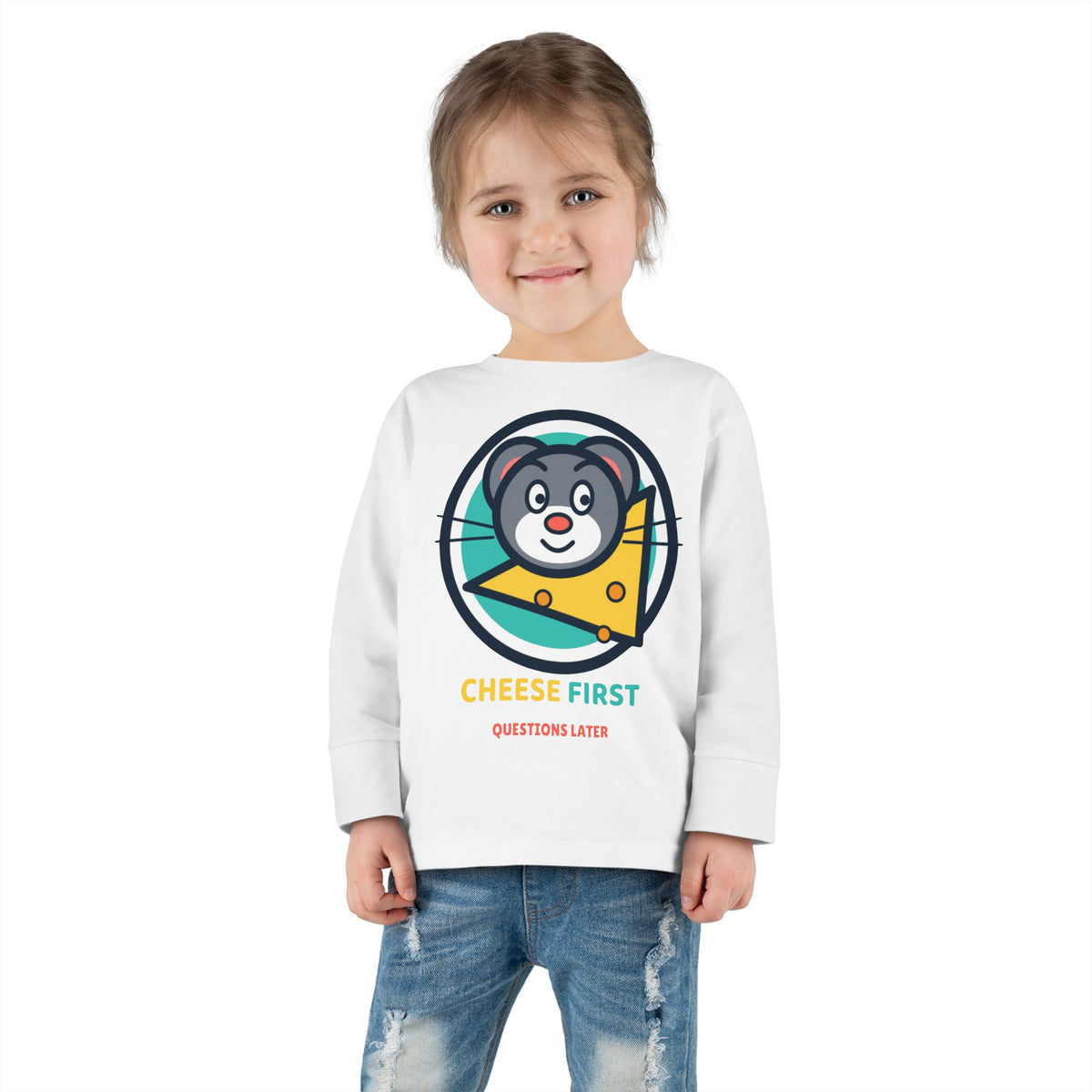 Toddler Long Sleeve Tee — "Cheese First, Questions Later" Cute Mouse & Cheese Graphic