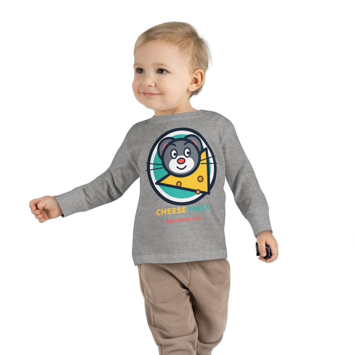 Toddler Long Sleeve Tee — "Cheese First, Questions Later" Cute Mouse & Cheese Graphic