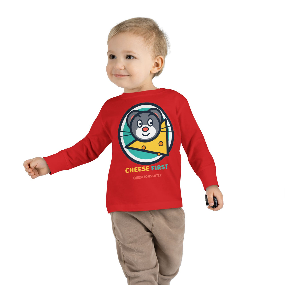 Toddler Long Sleeve Tee — "Cheese First, Questions Later" Cute Mouse & Cheese Graphic
