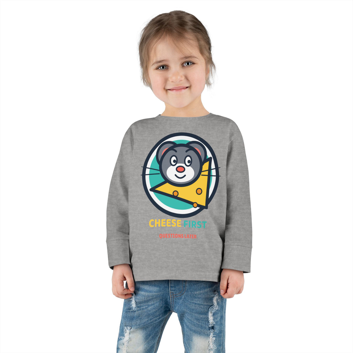 Toddler Long Sleeve Tee — "Cheese First, Questions Later" Cute Mouse & Cheese Graphic
