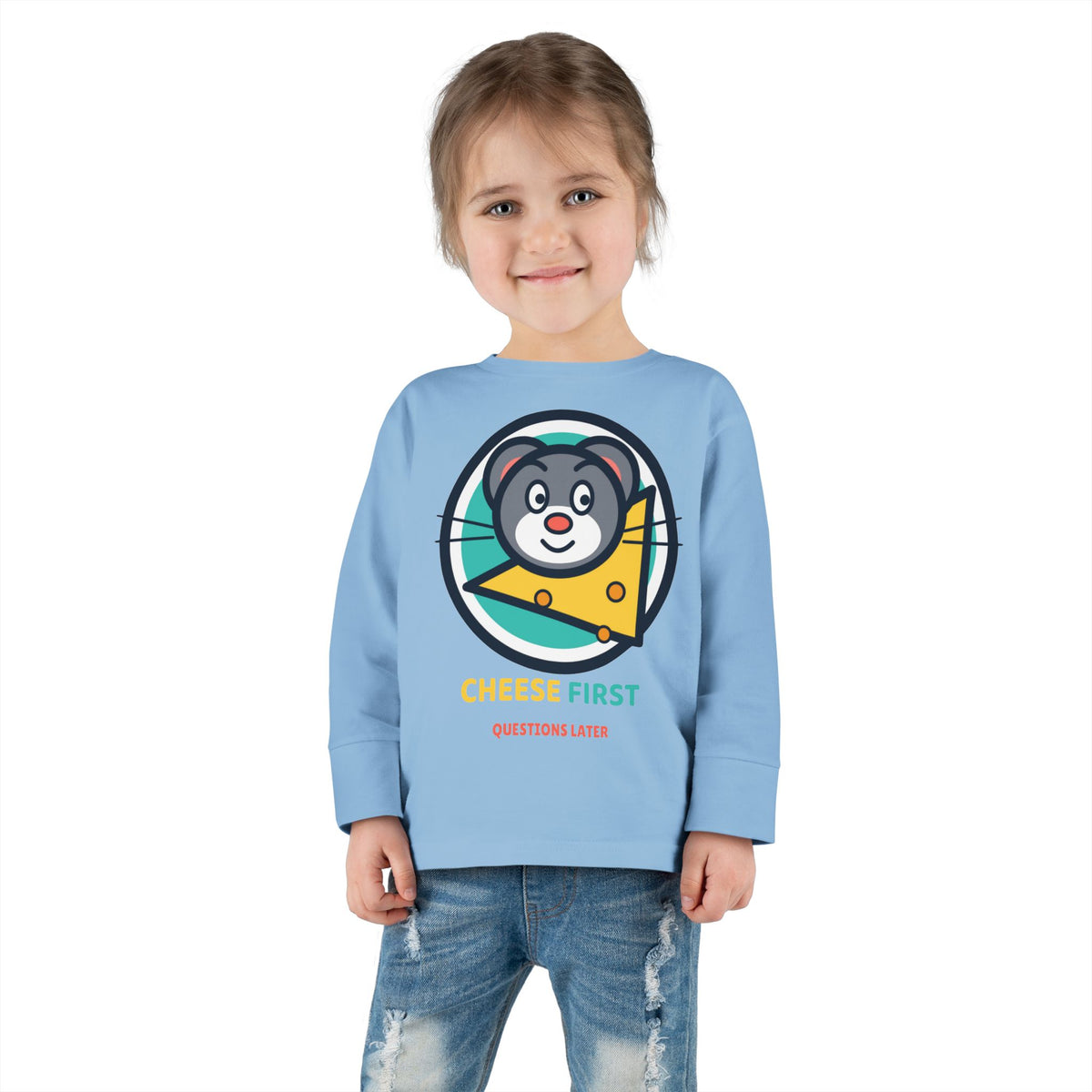Toddler Long Sleeve Tee — "Cheese First, Questions Later" Cute Mouse & Cheese Graphic