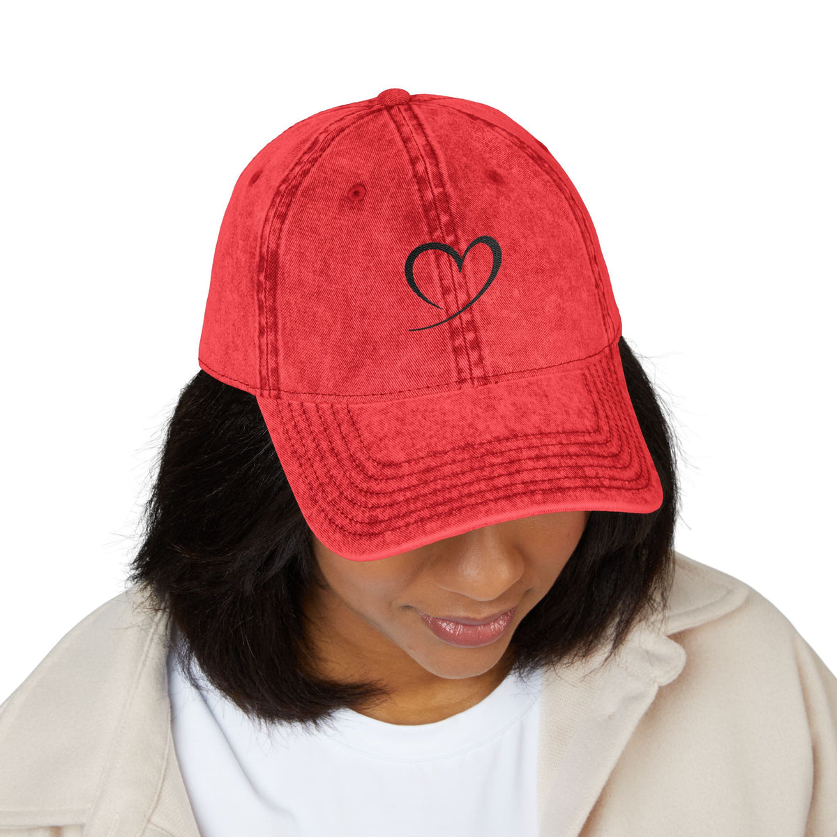 Embroidered Heart Vintage Cap — Washed Red Dad Hat with Simple Heart Sketch