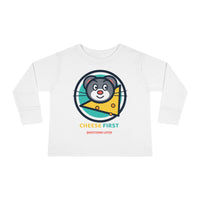 Toddler Long Sleeve Tee — "Cheese First, Questions Later" Cute Mouse & Cheese Graphic