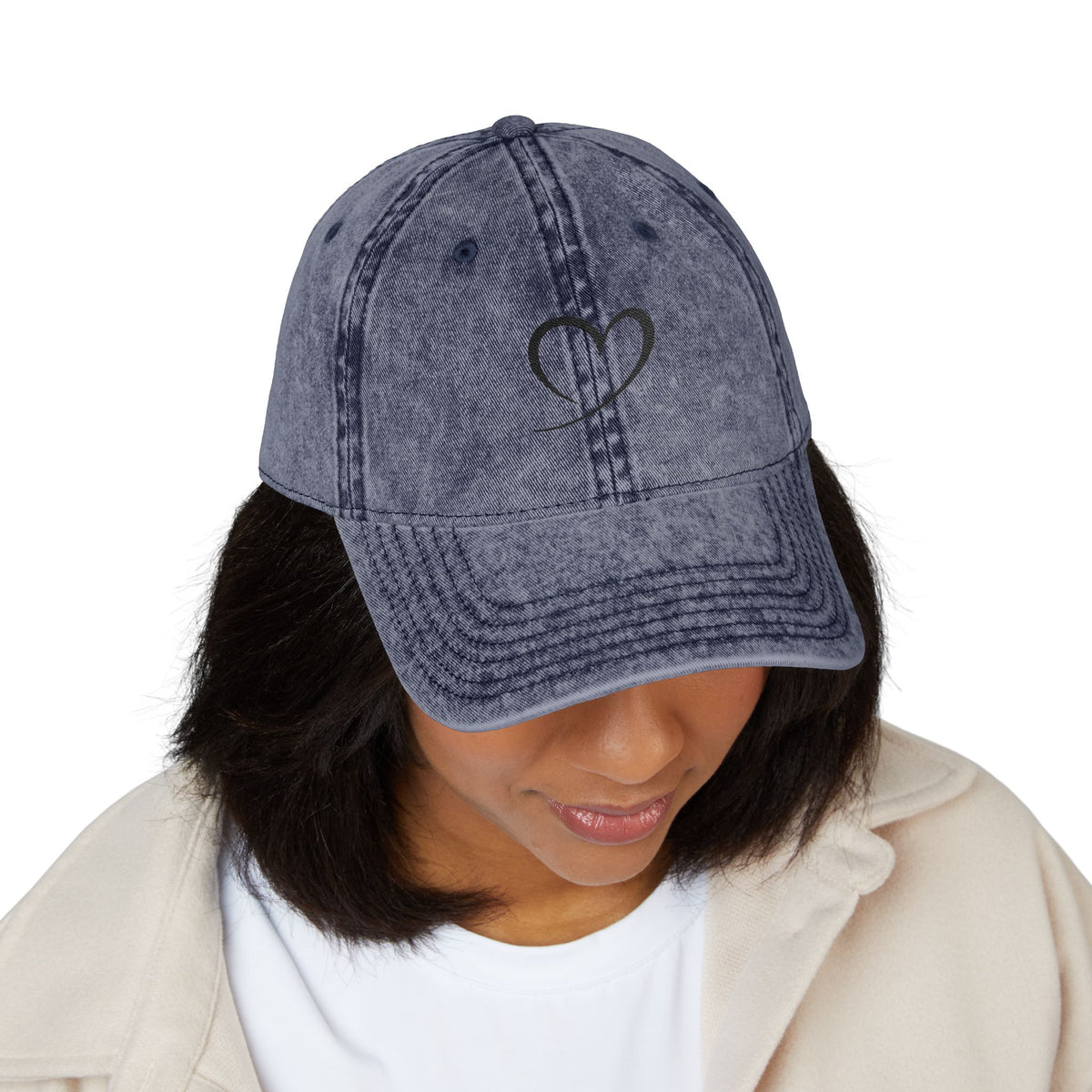 Embroidered Heart Vintage Cap — Washed Red Dad Hat with Simple Heart Sketch