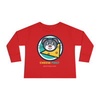 Toddler Long Sleeve Tee — "Cheese First, Questions Later" Cute Mouse & Cheese Graphic
