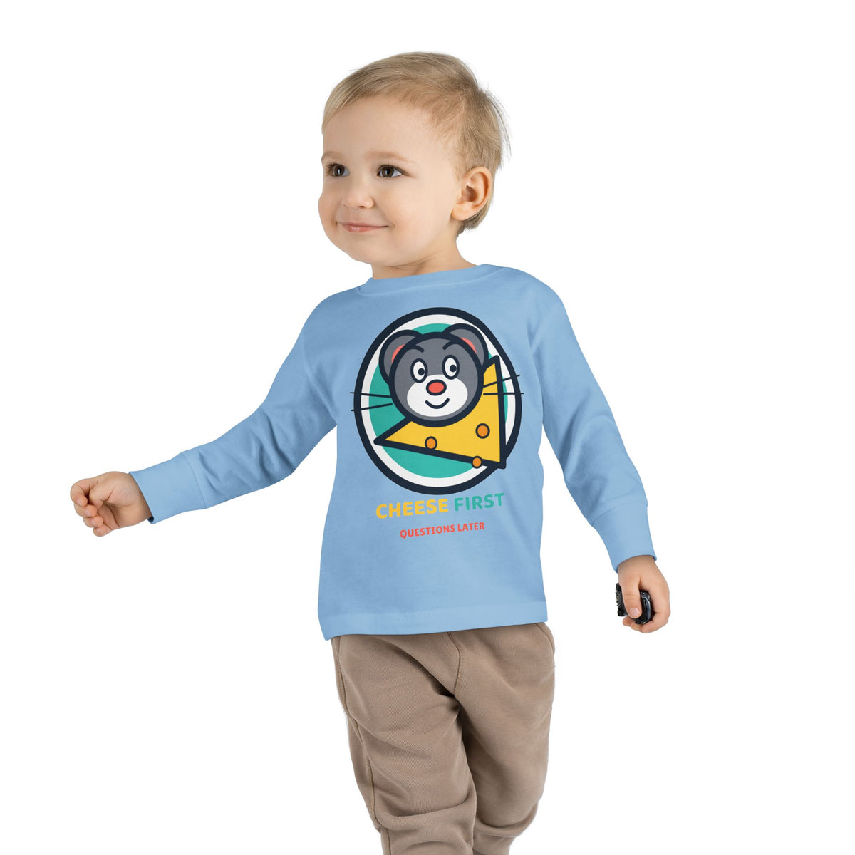 Toddler Long Sleeve Tee — "Cheese First, Questions Later" Cute Mouse & Cheese Graphic